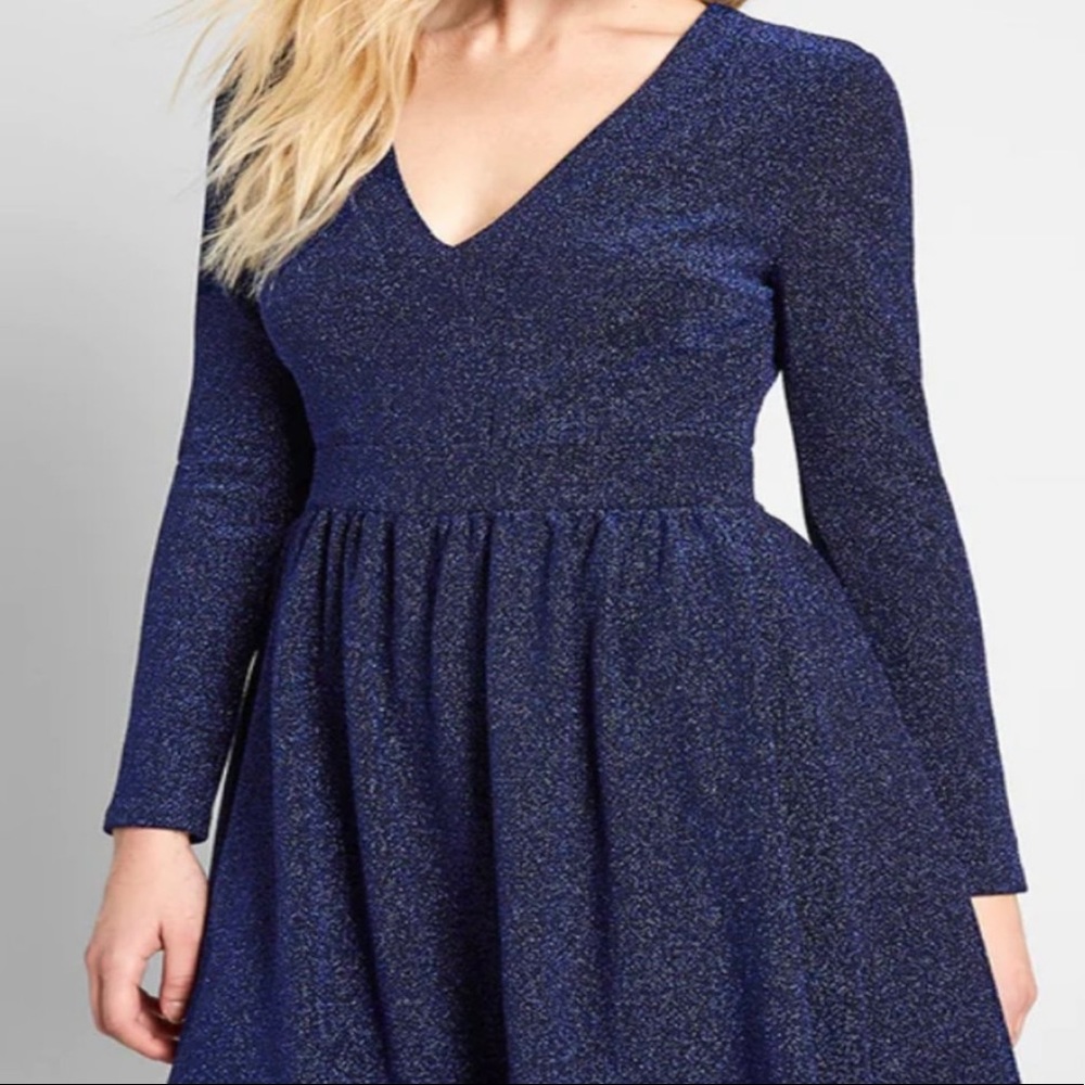 ModCloth Long Sleeved Metallic Blue Dress size XL